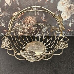 Vintage‎ GODINGER Silverplated Grapevine Basket With Hinged Handle 11"